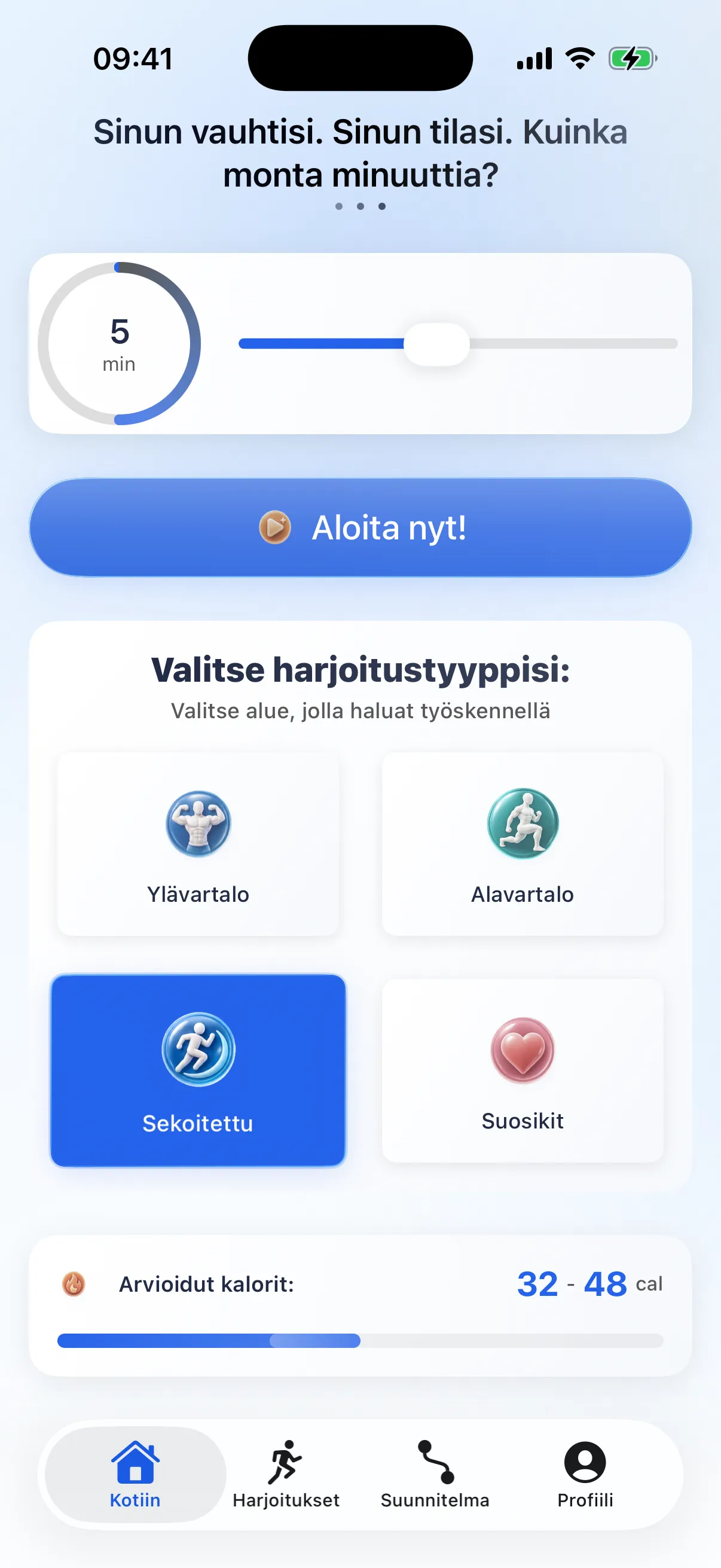 RazFit-sovelluksen kotinäkymä, jossa näkyvät treenin kesto, treenityypit ja edistyminen
