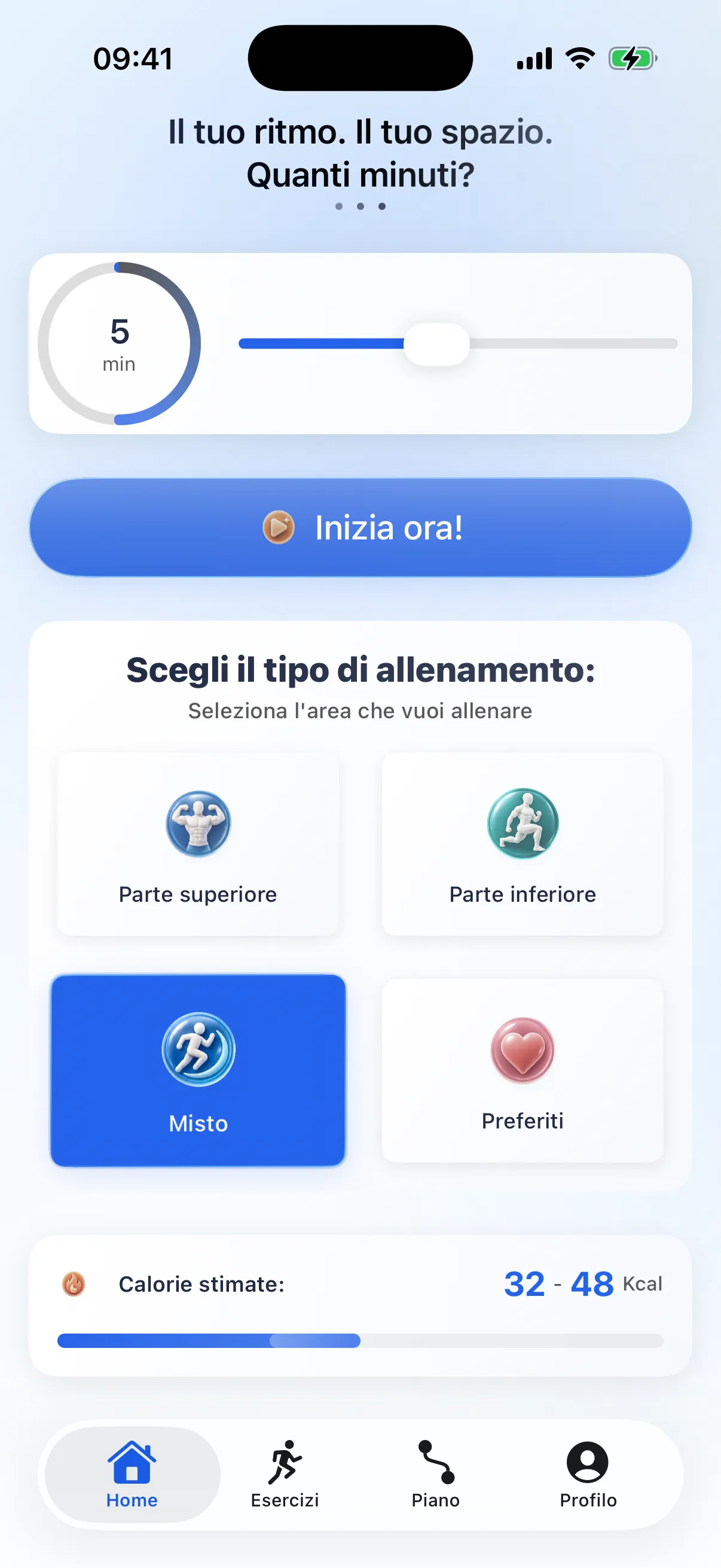 Schermata principale di RazFit con durata, tipi di allenamento e progressi