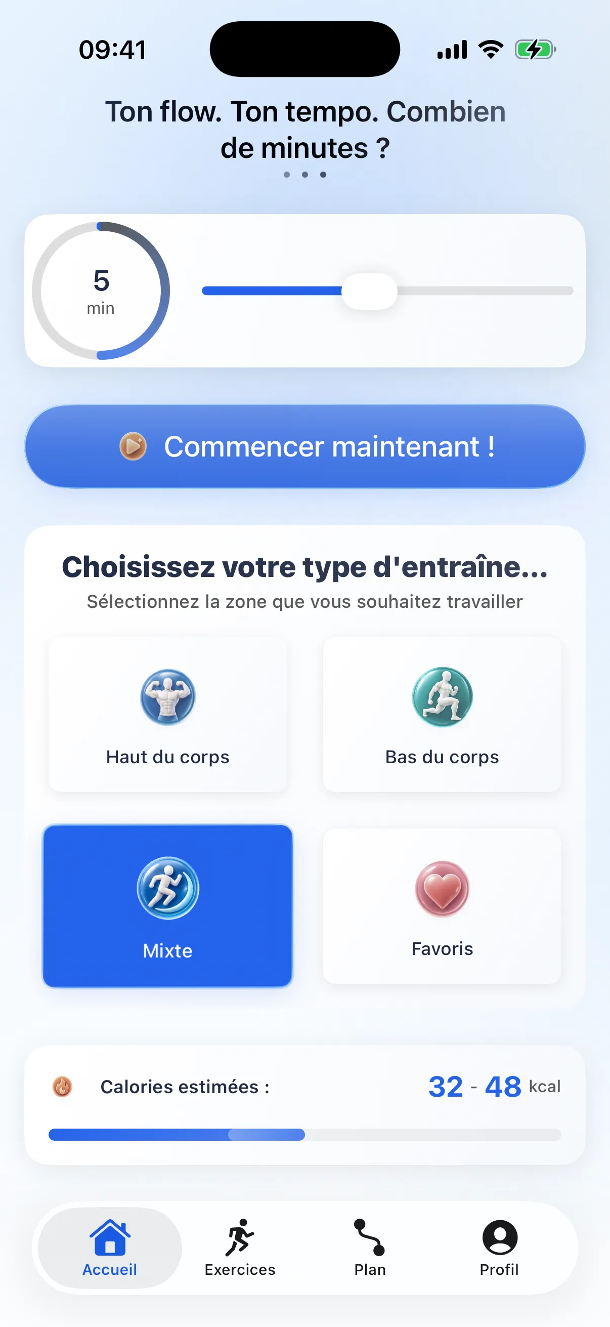 Écran d'accueil RazFit montrant la durée, les types d'entraînement et la progression
