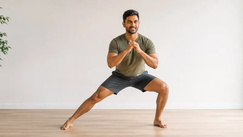 Man in an olive shirt holding a wide side-lunge position in a bright room