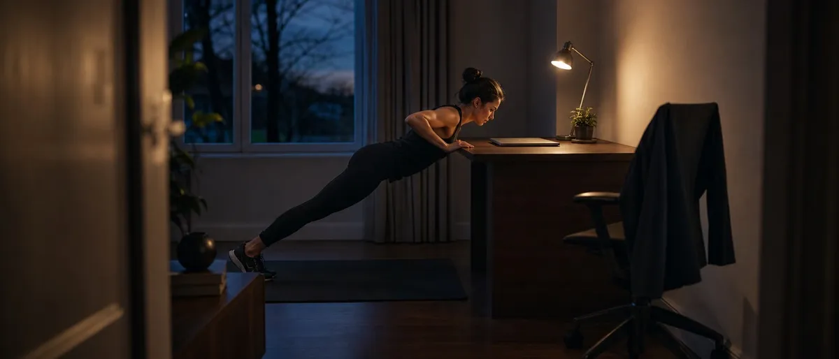 Persoon doet schuine push-ups tegen een bureau thuis, naast een trainingsmat en halters in de schemering