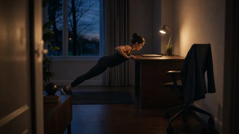 Persoon doet schuine push-ups tegen een bureau thuis, naast een trainingsmat en halters in de schemering