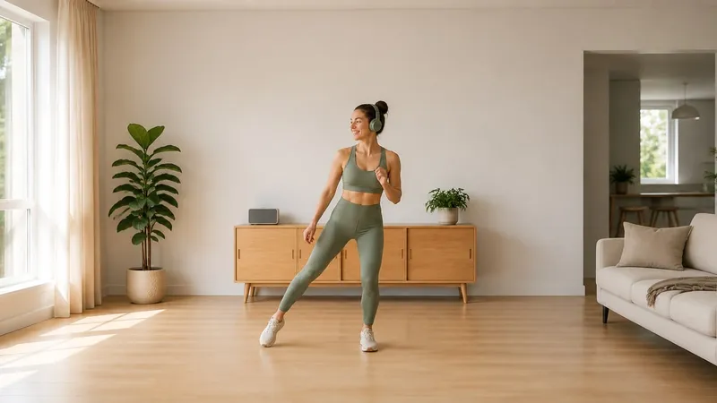 Woman wearing headphones while taking a side step in a bright home living room