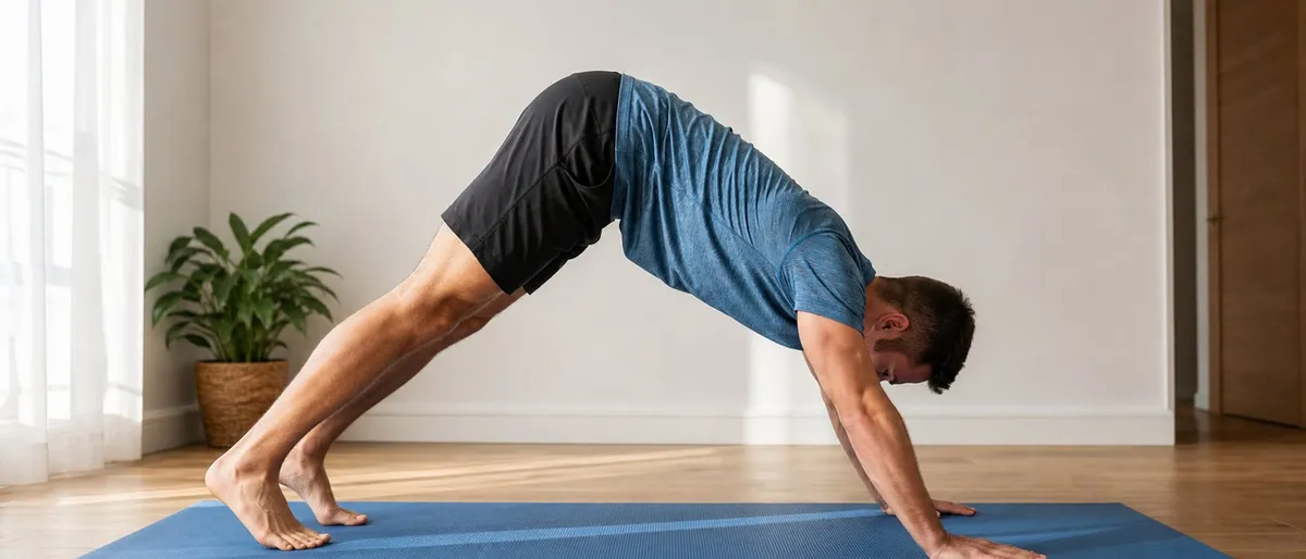 Persoon voert thuis op een mat een gecontroleerde pike push-up uit tijdens een schouderworkout zonder apparatuur