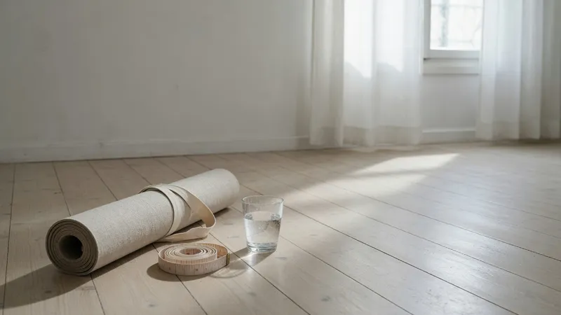 Still life on an oak floor with a rolled linen exercise mat, a soft measuring tape, a clear water glass, and sheer curtains filtering daylight