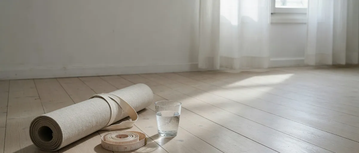Stilleven op eikenhouten vloer met opgerolde linnen trainingsmat, zacht meetlint, helder waterglas en daglicht door lichte gordijnen
