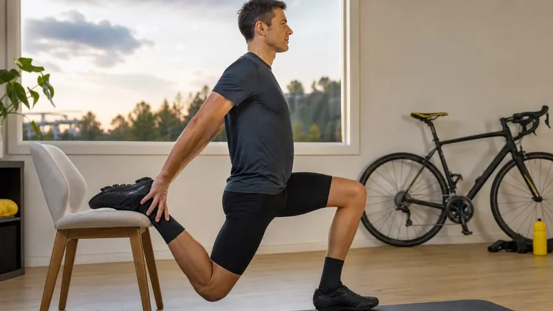 Recreational cyclist performing a supported split squat at home with an unbranded bicycle in the background