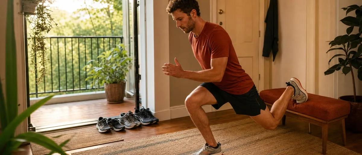 Hardloper in hardloopschoenen doet thuis een Bulgaarse split squat