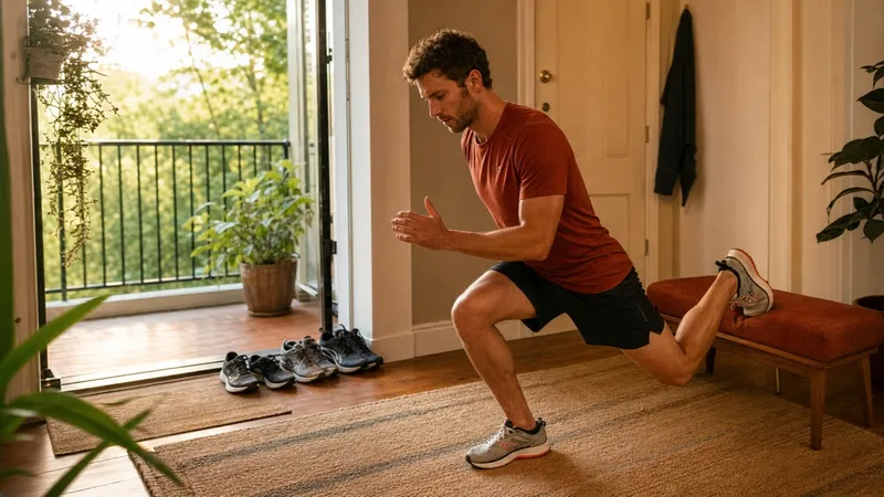 Hardloper in hardloopschoenen doet thuis een Bulgaarse split squat