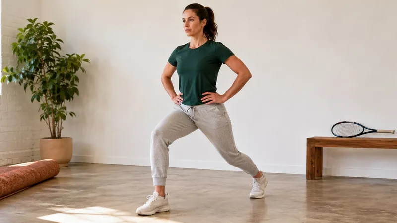 Tennis-focused home strength practice with a controlled lateral stance and clear floor space