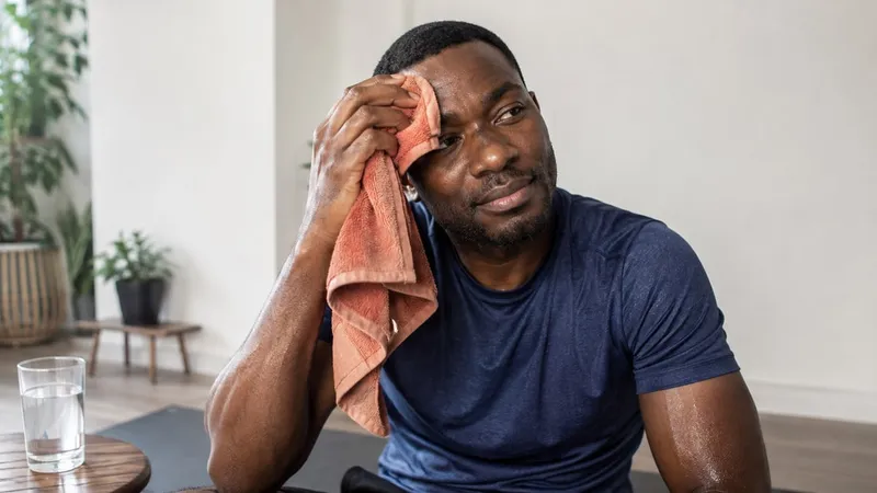 An adult wiping his forehead with a towel after a home workout, with water beside him