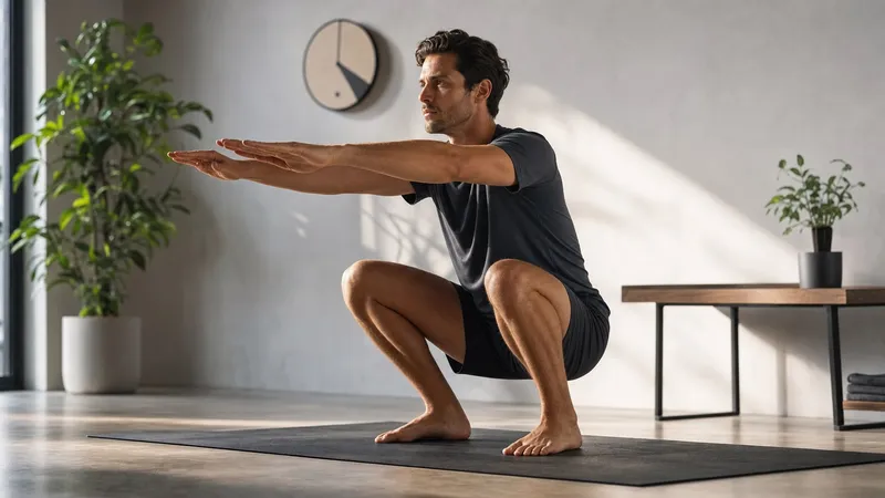 Person führt einen langsamen Liegestütz mit kontrollierter Absenkphase in einem Home-Workout aus