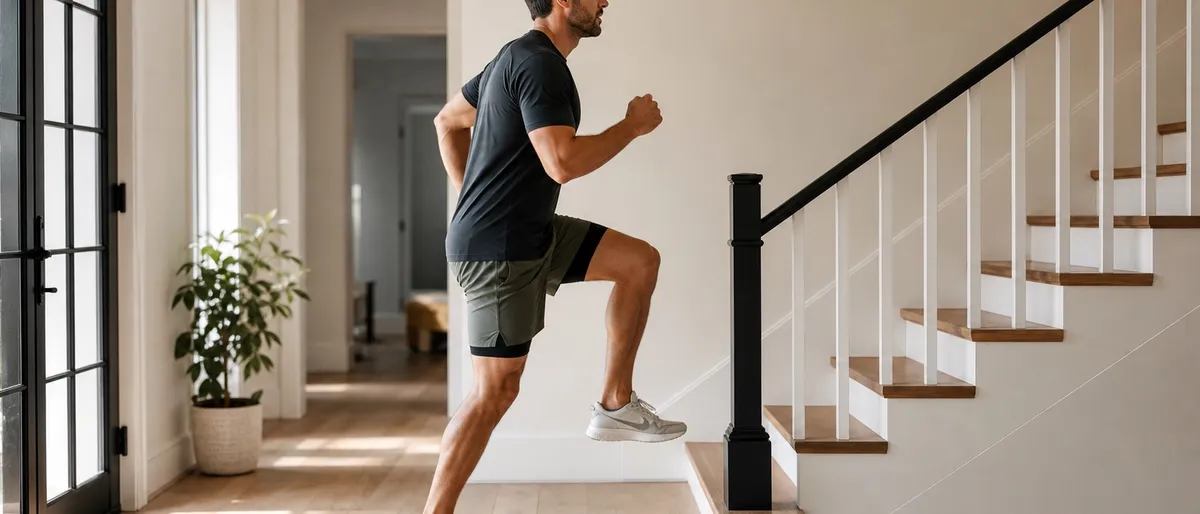 Persoon die thuis step-up cardio-intervallen doet op een lichte binnentrap