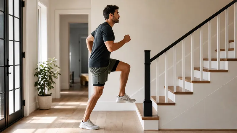 Persoon die thuis step-up cardio-intervallen doet op een lichte binnentrap